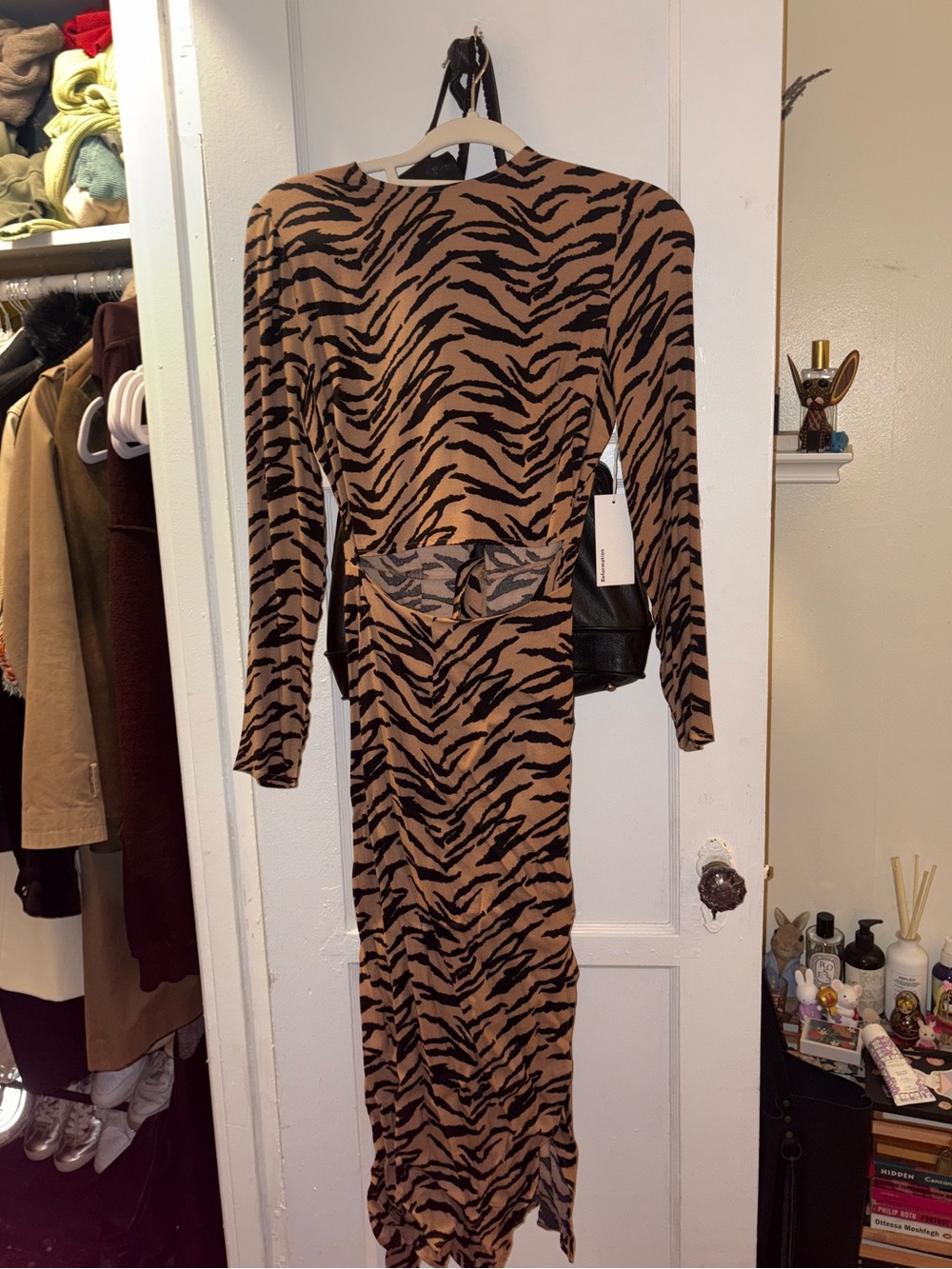 Reformation Brown and Black Tiger-Print Long Sleeve Midi Dress